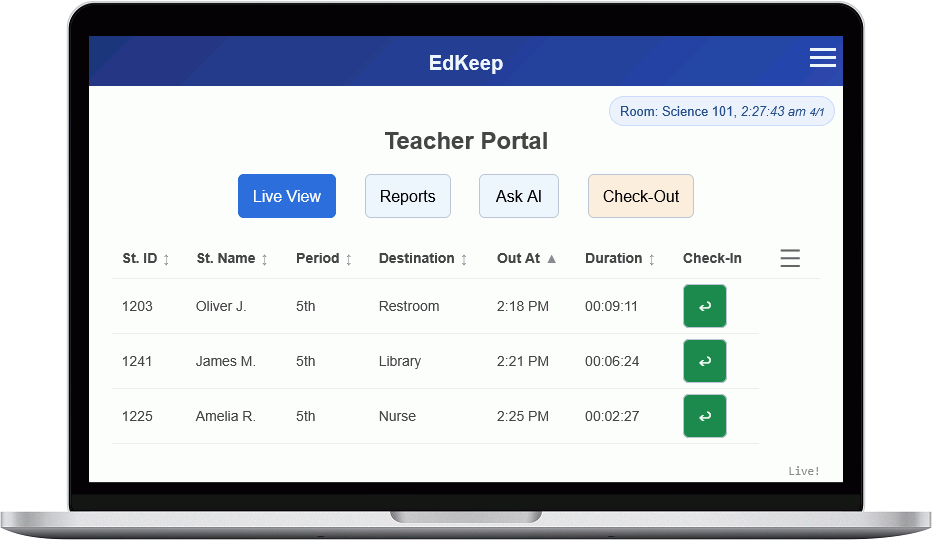 EdKeep Hall Pass dashboard showing active student hall passes in live view
